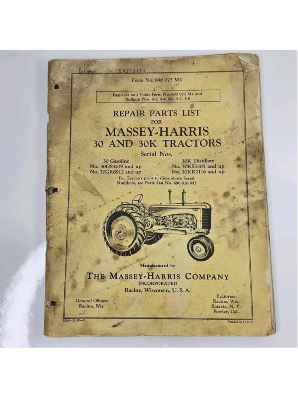 Vintage Massey Harris 30 30K Tractor Repair Parts List Manual 690 072 M2